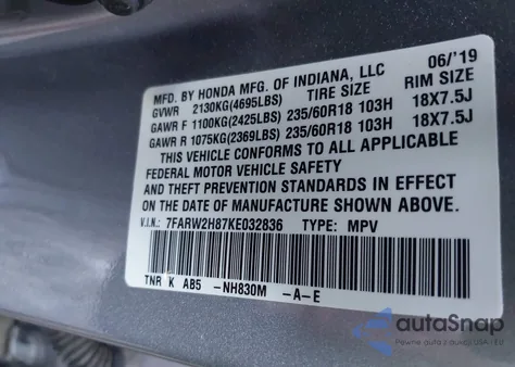 2019 Honda Cr-V Exl from USA, damaged, VIN 7FARW2H87KE032836
